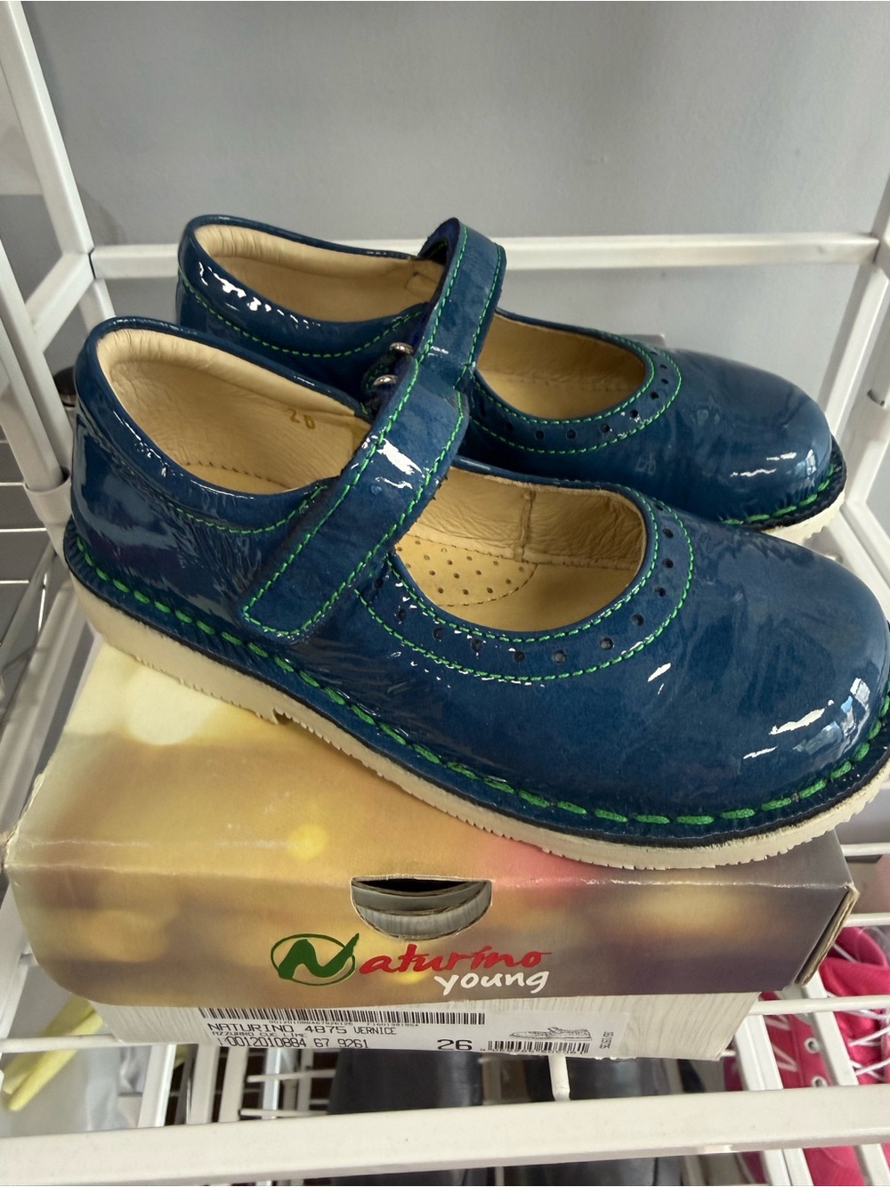 Girl’s Naturino Navy Patent Leather Mary Janes with Green Stitching